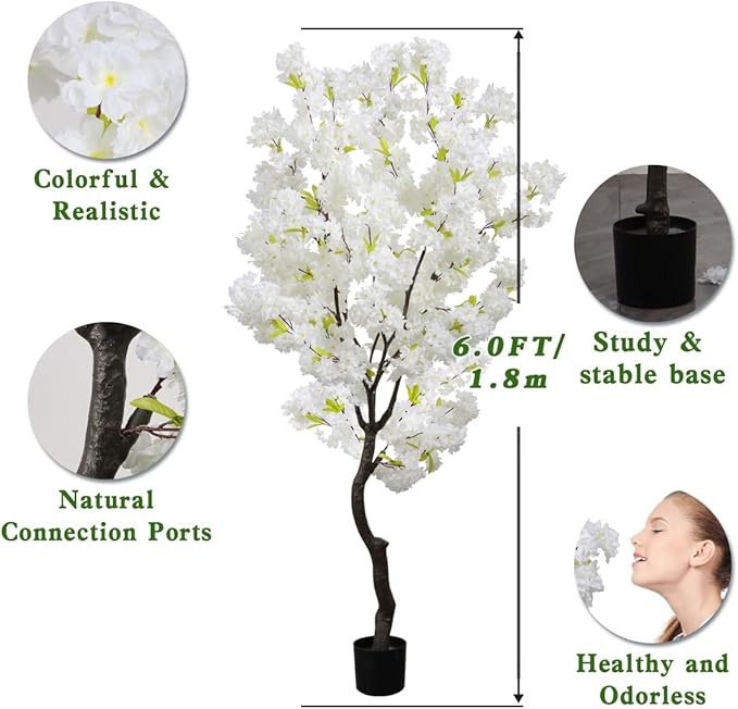 White Faux Cherry Blossoms Tree Artificial Cherry Blossom Tree Bedroom Trees for Home Decor 6FT