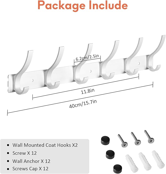 Coat Rack Wall Mount, Coat Hook Wall Mount, Wall Hooks for Hanging, Hat Rack for Walls, Coats Hanger with 12 Hook, Towel Hooks for Bathrooms (2 Pack, Silver)