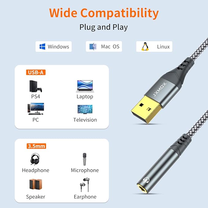 JXMOX USB to 3.5mm Audio Adapter (2-Pack) - USB-A to 3.5mm TRRS 4-Pole Female External Stereo Sound Card for Headphones, Mac, PS4, PS5, PC, Laptops, Desktops