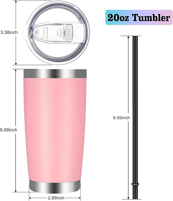 VEGOND 20oz Tumbler with Lid and Straw Stainless Steel Tumbler Cup Bulk Vacuum Insulated Double Wall Travel Coffee Mug Powder Coated Coffee Cup(Pink 12 Pack