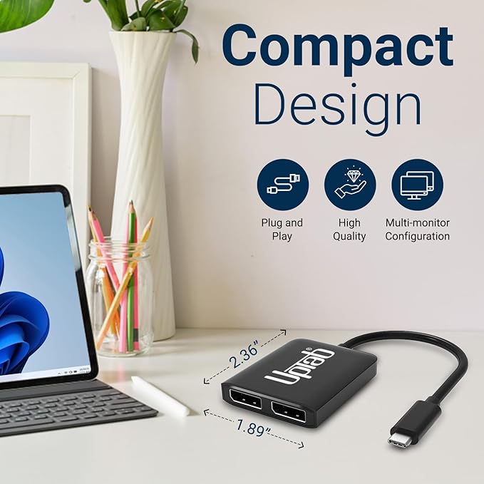 uptab USB C to Dual DisplayPort Adapter Hub, Extended Dual 4K 60Hz Display Port Multi Monitors Converter for Dell XPS 13 15, Lenovo Yoga, Sumsung HP, Chromebook, etc