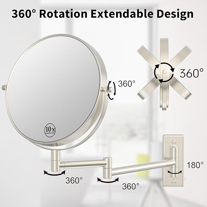 Wall Mounted Makeup Mirror, 1x/10x Double-Side Magnifying Mirror 8 Inch Vanity Mirror, 360° Extendable Arm Wall Mirror, Bathroom Mirror for Makeup or Shaving Nickel