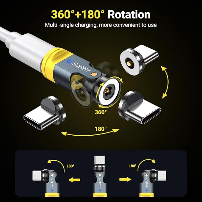 USB C Magnetic Adapter (2-Pack), USB C 90 Degree Adapter/C Right Angle Adapters/360 &180 Degree C to C Adapters for Phone 17/16/15, Pad Series, Samsung Galaxy, Tablet-Yellow