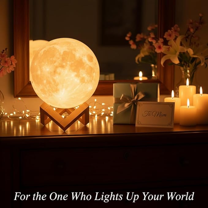 Mydethun Moon Lamp - 3D Printed LED Night Light 4.7' with Wooden Base, White Elephant Gift for Women, Mom, Kids, Christmas Thanksgiving Table Decor Touch-Dimmable & Dual-Color, White & Yellow