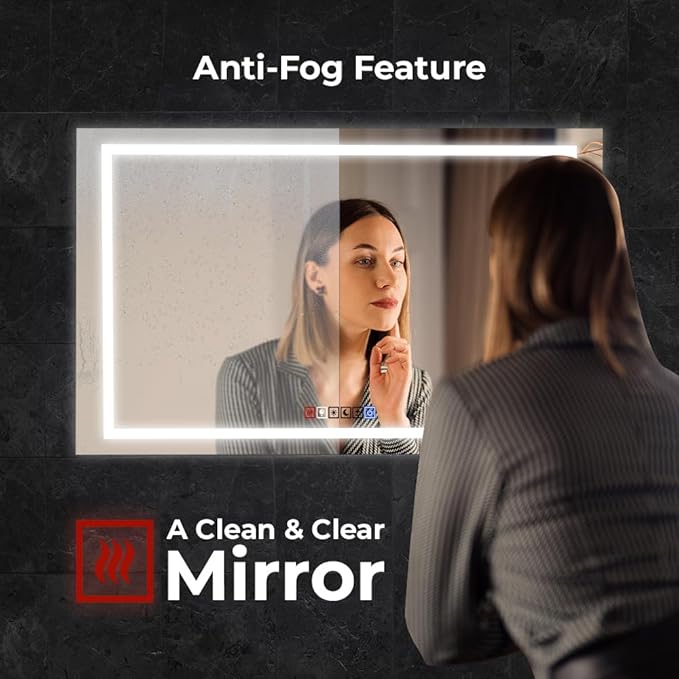 Fab Glass and Mirror Dimmable Lighted Bathroom Wall Vanity with Anti-Fog and Adjustable Colors Rectangular Frameless LED Mirror 40L X 18W Clear