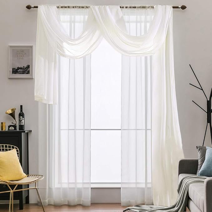 MIULEE Sheer Window Scarf - Extra Long 216 Inch Elegant Valance, Soft Voile Canopy Bed Curtain for Wedding Ceremony & Home Decor, 54x216 Ivory
