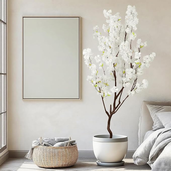 7.2ft Tall Artificial White Cherry Blossom Tree Indoor Decor, Fake Silk Flower Cherry Tree Plant Outdoor, Faux Flowering Tree Realistic for Home Living Room Front Door Office