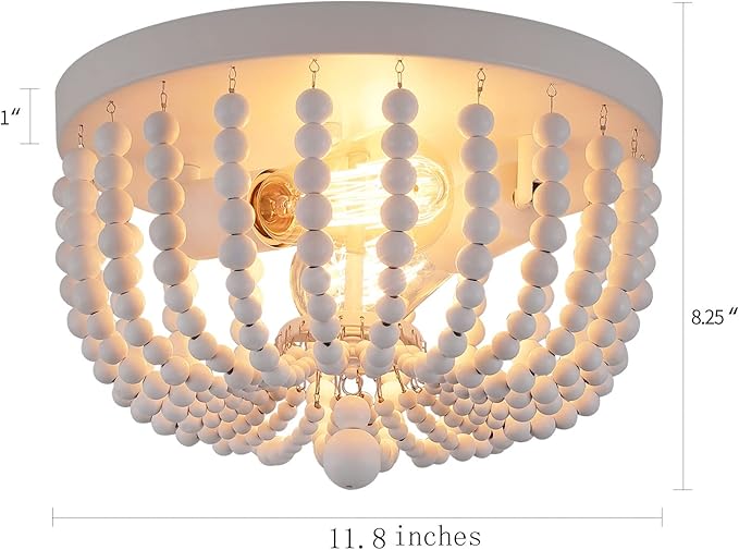 Q&S White Flush Mount Ceiling Light Fixtures,2-Lights Wood Beaded Boho Chandeliers for Nursery Baby Bedroom Dining Room Living Room Kitchen Hallway W11.81