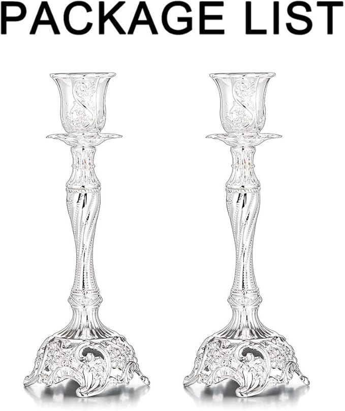 Sziqiqi Silver Plated Candlestick Holders Set of 2 Taper Candle Holders Deluxe Ornate Candle Holders for Shabbat Taper Candles, Candle Centerpiece, Wedding Candles, Christmas Candle, 7.4inch