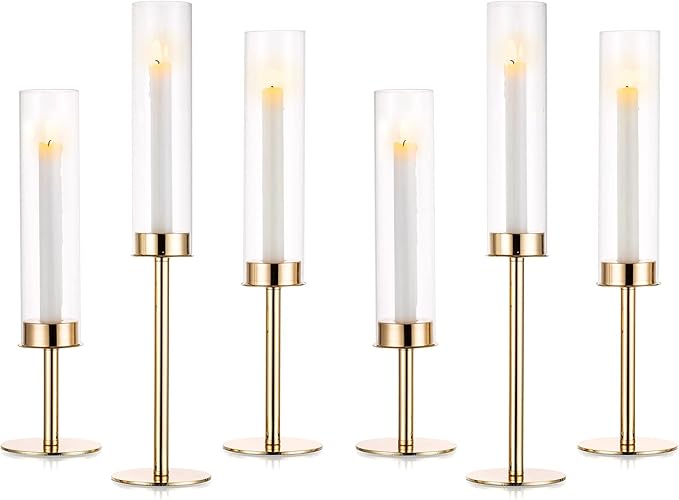 Nuptio Glass Hurricane Candle Holder: Set of 6 Gold Candlestick Holders - Long Stem Taper Candleholders for Christmas Tabletop Centerpiece Fireplace Decor Cylinder Candle Stand Windproof 14" 16" 18"
