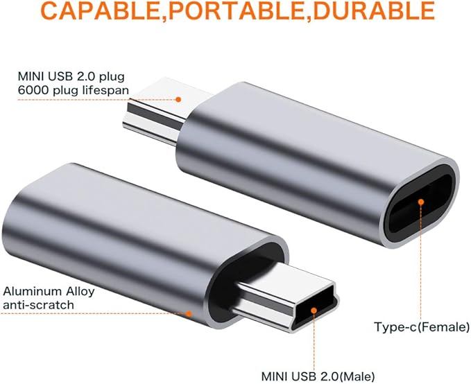 USB C to Mini USB 2.0 Adapter, (2-Pack)Type C Female to Mini USB 2.0 Male Convert Connector Support Charge & Data Sync Compatible GoPro Hero 3+, MP3 Players, Dash Cam, Digital Camera, GPS Receiver etc