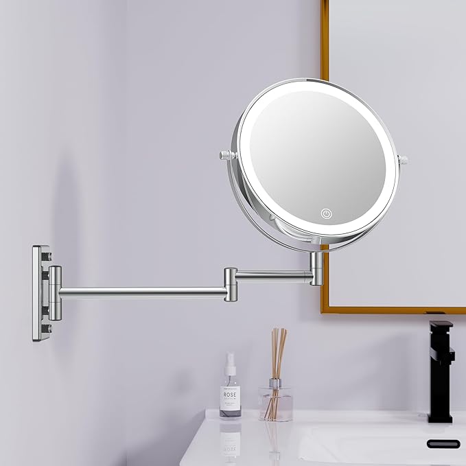 1X/20X Wall Mounted Makeup Mirror with Lights, 8" Double Sided Bathroom Magnifying Mirror with 360° Extension Arm, Dimmable, Rechargeable, Touch Control, Chrome