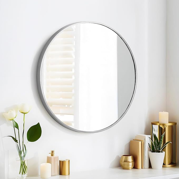 20" Round Mirror Circle Wall Mounted Hanging or Against Wall Metal Frame Dressing Make-up Mirrors for Entryway Bedroom Bathroom Living Room 20 inch Silver