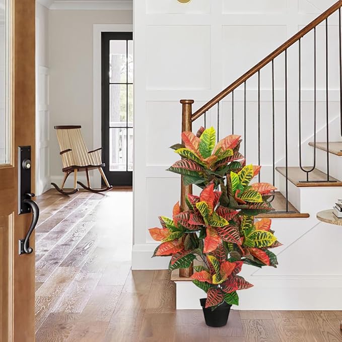 Briful 3.4ft Artificial Croton Tree Fall Decor, Faux Croton Tree with Colorful Variegated Leaves and Pot, Indoor & Outdoor Floor Plant, Home Farmhouse Decor