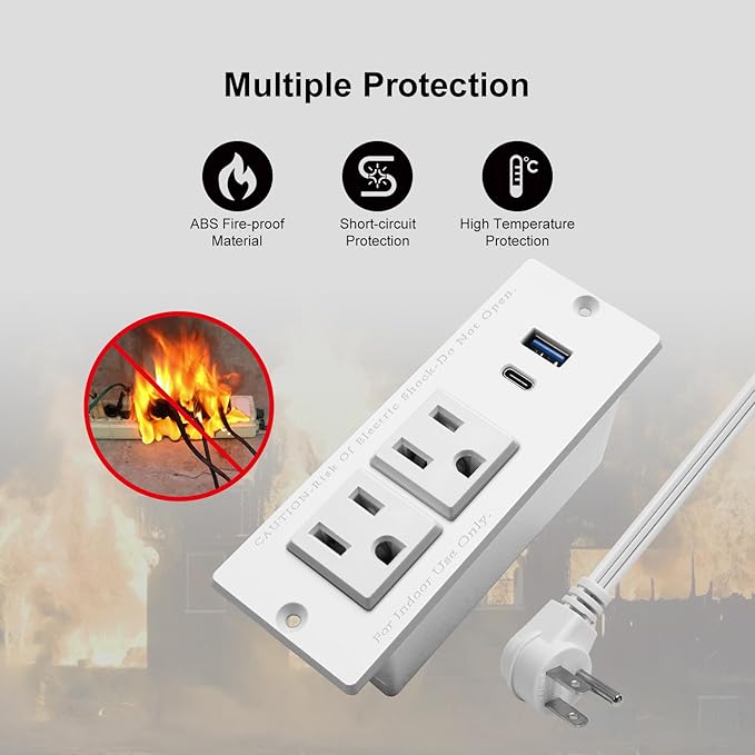 USB C Recessed Power Strip Fast Charge Desktop Power Station 2 Outlets 2 USB (PD20W & QC18W, Total 20W) Mountable Flat Plug Extension Cord Mount for Tabletop Sofa Cabinet Nightstand (USB C White)