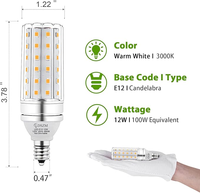 E12 LED Bulbs,12W LED Corn Light Bulb, E12 LED Bulb 100W Equivalent 1200 Lumen 3000K Warm White, Non-Dimmable LED Candelabra Light Bulbs, E12 Candelabra Base Chandelier Light Bulbs, Pack of 3