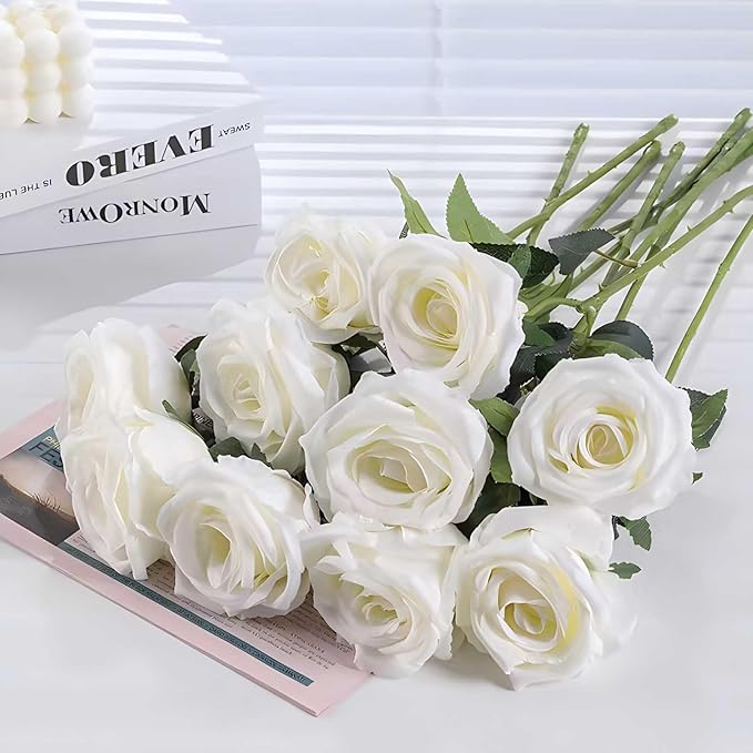 120 Pcs Artificial Roses Bulk Velvet Silk White Roses White Roses for Wedding Centerpieces Bridal Bouquet Mohter's Day Home Decor (120, White)