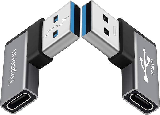 90 Degree USB to USB C Adapter 10Gbps, 2-Pack Right Angle Type-C (Female) to USB-A (Male) Converter Extender Support Charge & Data Transfer Compatible with Computers, Tablet, Laptop