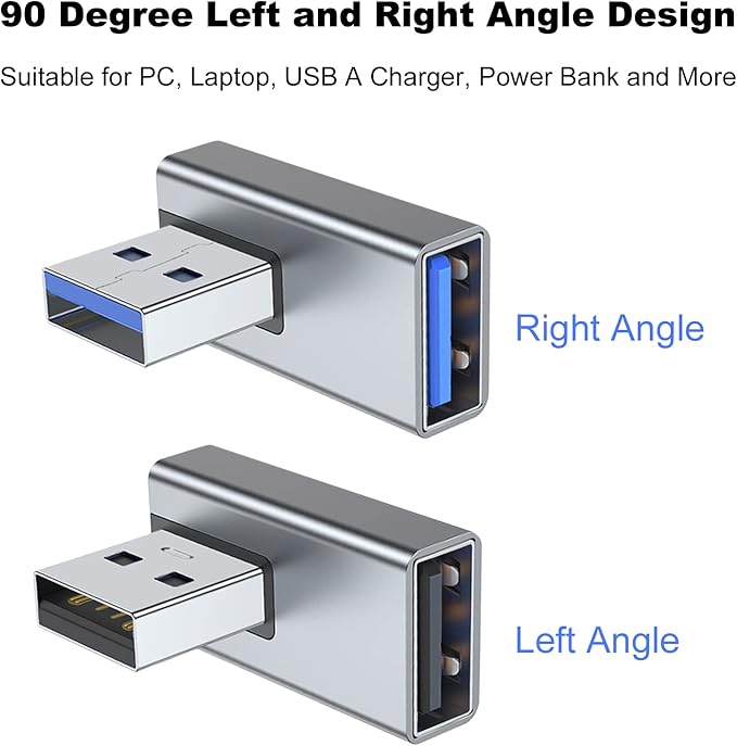 AreMe 90 Degree USB 3.0 Adapter 2 Pack, Left and Right Angle USB A Male to Female Converter Extender for PC, Laptop, USB A Charger, Power Bank and More (Grey)