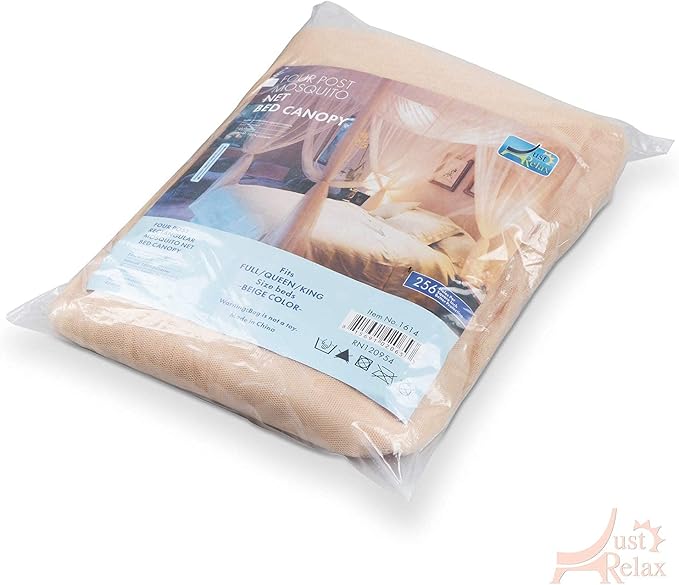 Just Relax Four Corner Post Decorative Elegant Bed Net Canopy Set, Beige, Full/Queen/King, 86.6x78.7x98.4 Inches
