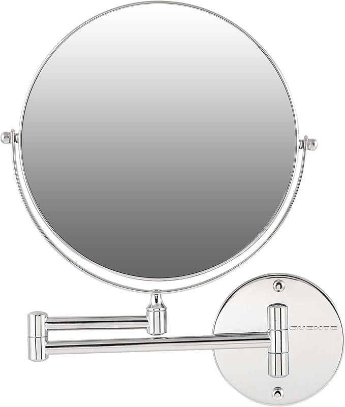 OVENTE 9" Wall Mounted Makeup Mirror with 1X/7X Magnification, Double Sided Magnifying Round Bathroom Vanity Mirror, 360° Swivel Design, Extendable and Folding Arm, Polished Chrome MNLFW90CH1X7X