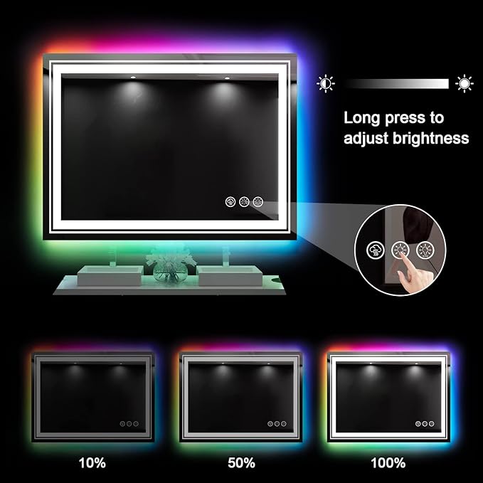 LED Mirror for Bathroom, 48"X36" with 8 RGB Backlit +3 Front Lit (Adjustable Individually), Anti-Fog, Large Lighted Bathroom Vanity Mirror for Wall,Shatterproof,Memory Function,Tempered Glass