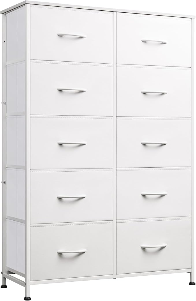 WLIVE Fabric Dresser for Bedroom with 10 Drawers, Tall Chest of Drawers, White Dressers Bedroom Furniture, Storage Organizer Unit with Bins for Closet, Hallway, Living Room, Entryway