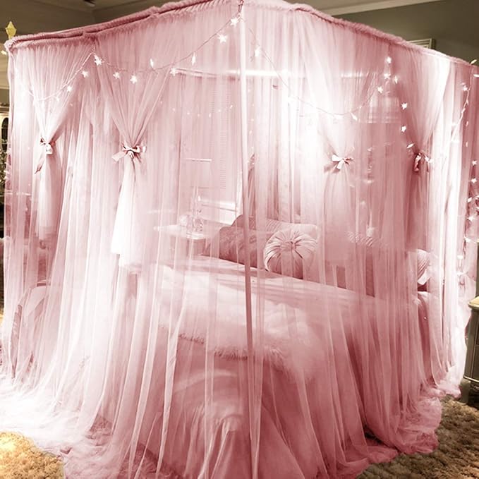 Joyreap 4 Corners Post Pink Canopy Bed Curtain for Girls & Adults - King Size Royal Luxurious Cozy Drape Netting- Cute Princess Bedroom Decoration Accessories