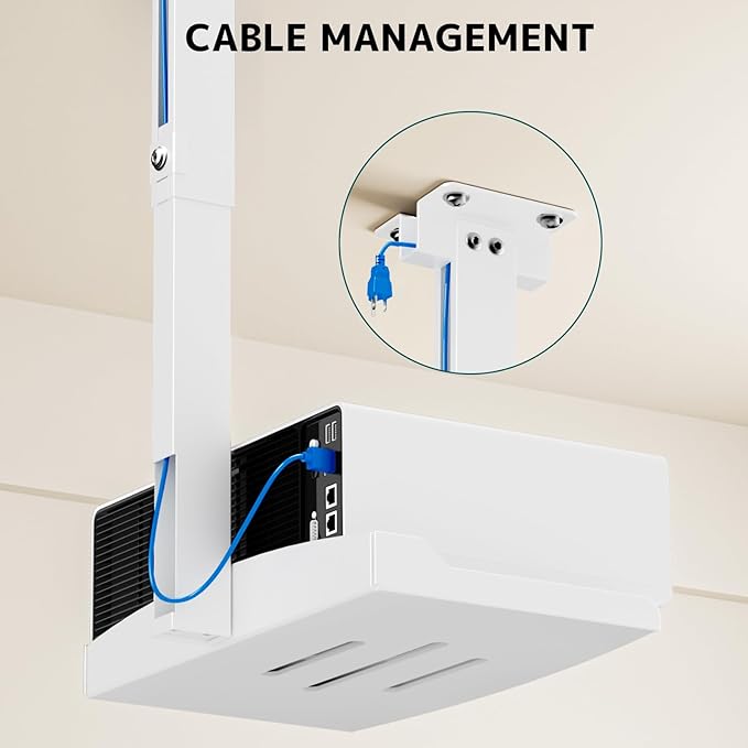 Projector Ceiling Mount with Tray, Adjustable Height Universal Bracket with Concealed Cable Management, No Hole Installation, Holds up to 22 lbs – Ideal for Home Theater & Office (White)