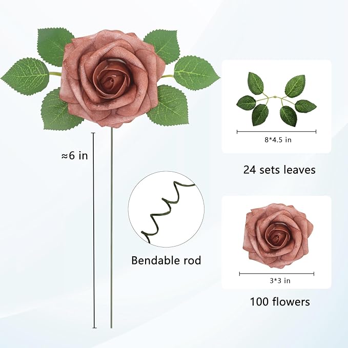 JOYLEX 100PCS Warm Taupe Artificial Flowers Realistic Roses, Real Looking Fake Roses with Stem for DIY Wedding Bouquets Centerpieces Bridal Shower Party Home Romantic Decorations (Warm Taupe, 100pcs)