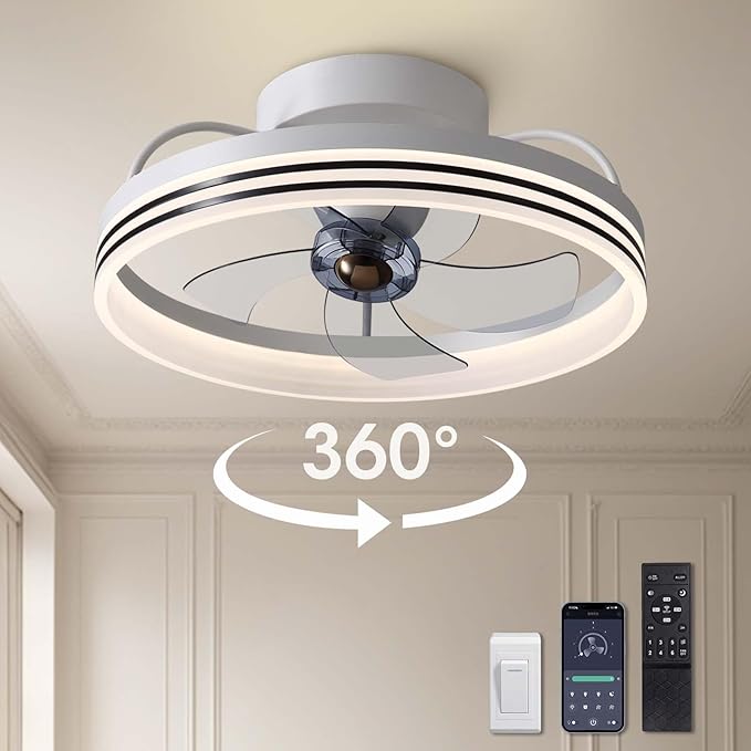 Ceiling Fans with Lights, 360° Rotating Ceiling Fan with Lights and Remote, 6 Wind Speeds Smart Flush Mount Ceiling Fan for Bedroom, Dining Room and Kitchen 20"