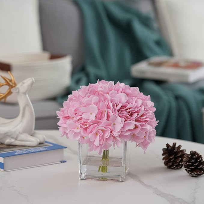 Silk Pink Hydrangea Artificial Flowers in Vase with Faux Water, Silk Flower Arrangements in Vase for Home Decor, Wedding Table (Pink)