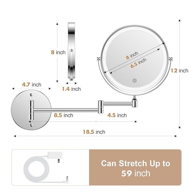 FASCINATE Rechargeable Wall Mounted Makeup Mirror with Lights and Magnification, 8 Inch Double Sided 1X 10X Magnifying Bathroom Mirror with 3 Color Lights & 360° Rotation Vanity Mirror - Chrome