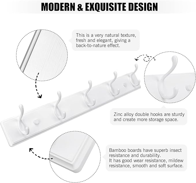 Wooden Coat Rack, Wall-Mounted Organizer for Closet, Entryway, Hallway, Foyer, Bedroom, Heavy Duty Double Hooks for Hanging Towels, Bags, Hats, Jackets, Key (White, 5 Hooks)