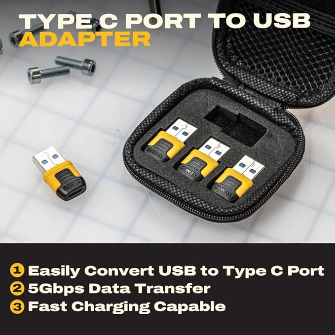 DEWALT Heavy Duty USB-C Female to USB-A Male Adapter 4 Pack w/Case – Fast Charging 3.0 Converter 5Gbps Data Transfer, Compact Durable USB to USB-C Adapter for Laptops iPhone Samsung Android Devices