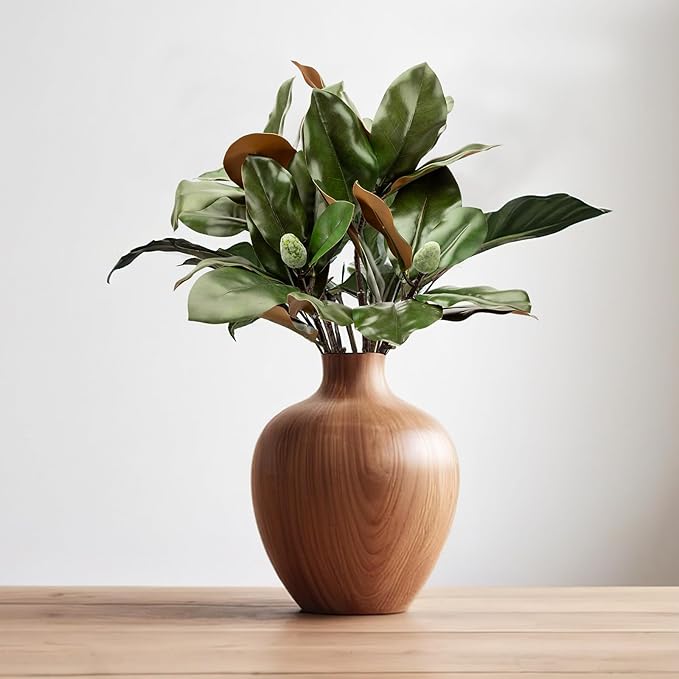 2 Pcs Magnolia Artificial Leaves Branches 32 Inch 3D Real Touch Pick with Fruit Faux Magnolia Stems Fake Twigs for Indoor Outdoor Vase Home Wedding Floral Arrangement Decoration