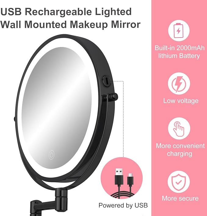 Rechargeable Wall Mounted Lighted Makeup Mirror, 8" Double-Sided Magnifying Vanity Mirror 1X/10X, 3 Color Touch Screen Dimmable Shaving Mirror, 360° Rotation Foldable Bathroom Mirror, Black