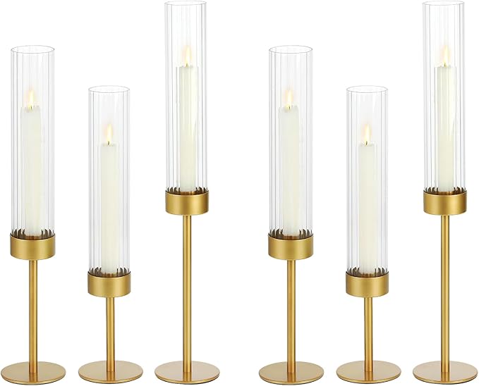 Glass Hurricane Candle Holders Set (6pcs)-Gold Metal Base Taper Candle Stick Holders for Candlesticks Holder Decor, Elegant Dining Table Centerpiece for Wedding, Christmas & Home Decor-Ribbed Glass