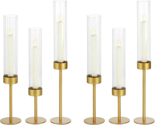 Glass Hurricane Candle Holders Set (6pcs)-Gold Metal Base Taper Candle Stick Holders for Candlesticks Holder Decor, Elegant Dining Table Centerpiece for Wedding, Christmas & Home Decor-Ribbed Glass