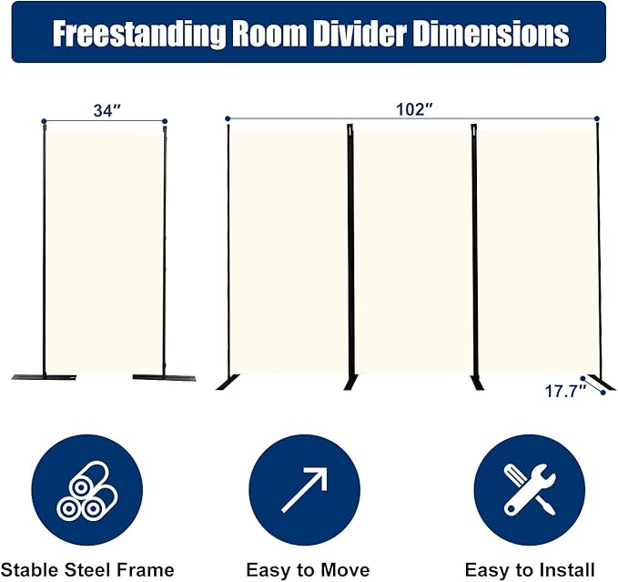 Room Divider 6FT Portable Room Dividers and Folding Privacy Screens, 102'' W Fabric Divider for Room Separation, 3 Panel Partition Room Dividers Freestanding Wall Divider Screen for Dorm Studio Office