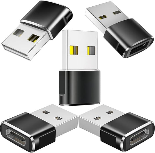 Herfair USB to USB C Adapter 5 Pack, USBC Female to A Male Car Charger Type-C Converter for iPhone 16 15 14 13 12 Plus iWatch Airpods Switch Laptop Computer and More (Black)