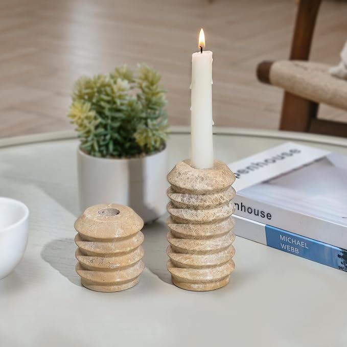 WORHE Candle Holders Italy True Natural Travertine Stone 0.4" Thick Set of 2 Marble Candlestick Holder for Christmas Wedding Dinning Party Candlestick Stand for 3/4 inch Candles Light Brown (WH034)