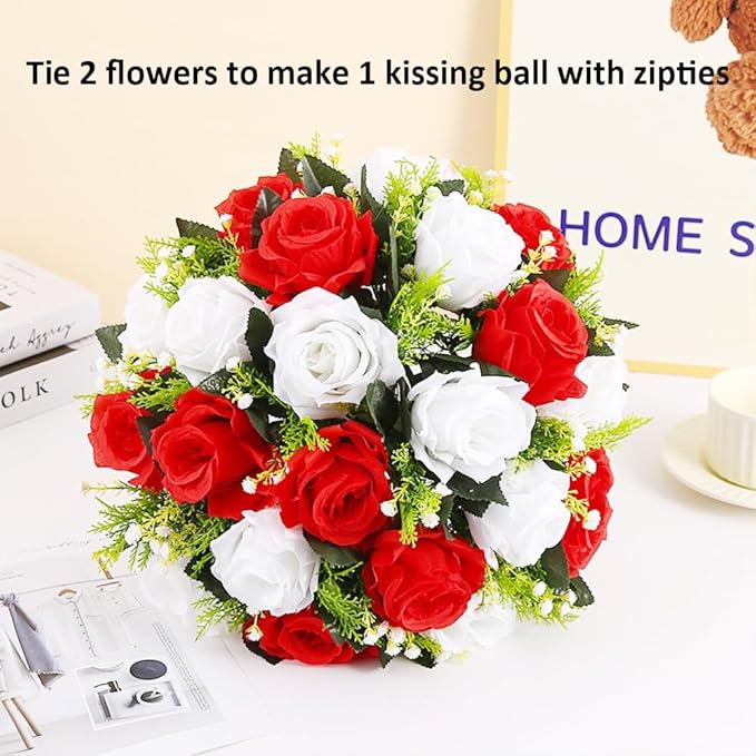 10Pcs Artificial Flower Ball Arrangement, Fake Floral Centerpieces Wedding Roses Bouquet for Parties Valentine's Day Wedding Centerpieces and Home Decor (Red & White)