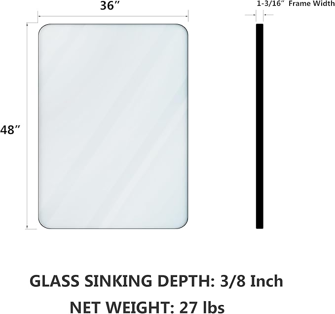 VocalStar Black Metal Framed Bathroom Mirror for Wall, 48 x 36 Inch Large Rounded Rectangle Matte Black Bathroom Vanity Mirror Farmhouse, 1/4-inch Shatterproof Glass | Ultra-Flush Hanging