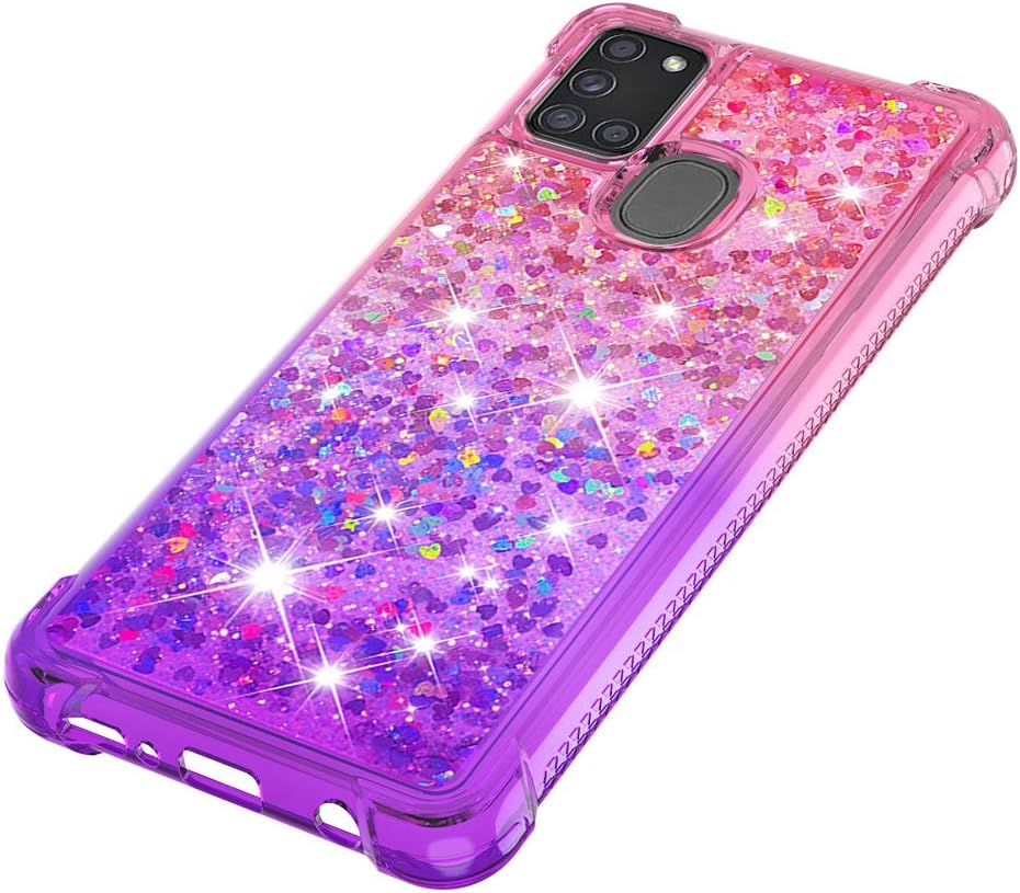 Samsung Galaxy A21S Case with Tempered Glass Screen Protector, Glitter Bling Floating Liquid TPU Shockproof Cover -