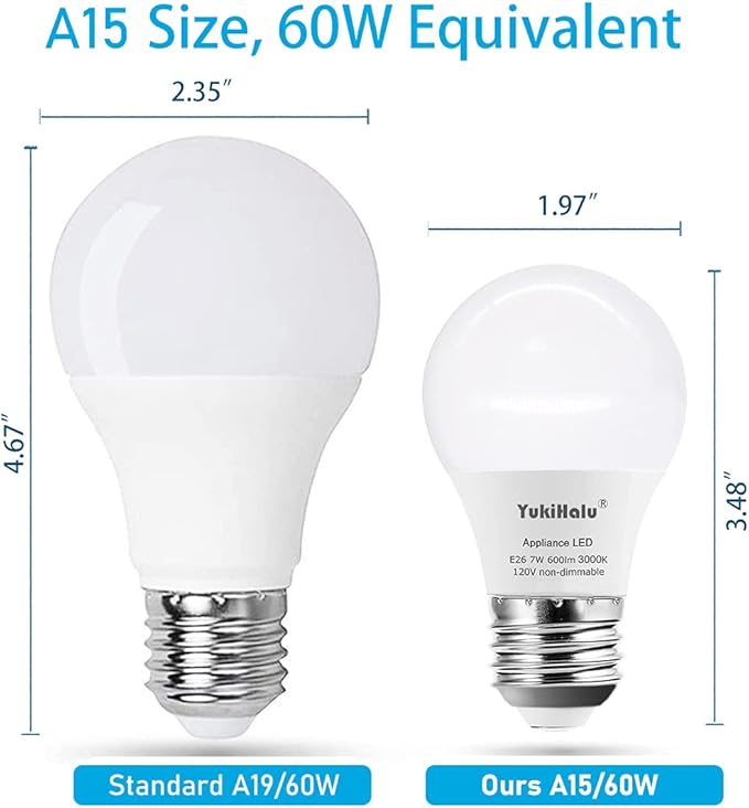 YukiHalu, A15 Appliance Light Bulb, 60W Equivalent for Range Hood/Refrigerator Light Bulb/Ceiling Fan Light, 600 Lumens 7W 120V 3000K Warm White E26 Base, Waterproof, Not Dimmable, 2-Pack
