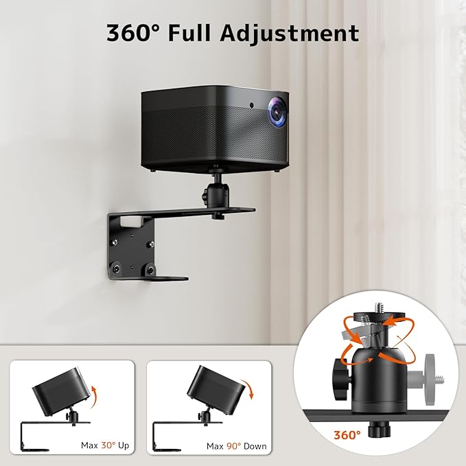 PUTORSEN Projector Wall Mount - Projector Wall & Ceiling Mount with 1/4” Screw, 22 lb Wall & 13.2 lb Ceiling Load Capacity, 360° Rotation & 5 inch Adjustment, for Home Theater/Office/Conference Room