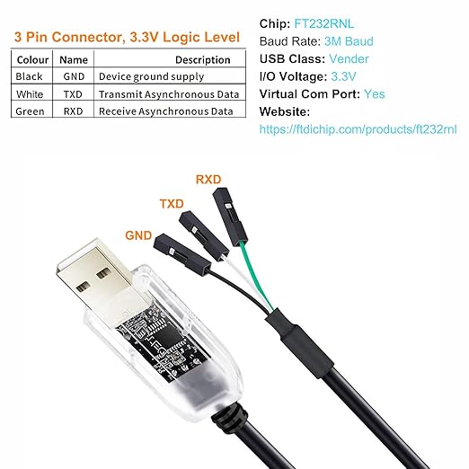 DTECH USB to TTL Serial Cable Adapter 3.3V 3 Pin FTDI Chip LED Indicators UART Debug Converter FT232RNL IC Output 3V3 Signal Level for Windows 11 10 8 7 XP MAC Linux Easy Debugging Programming, 3ft