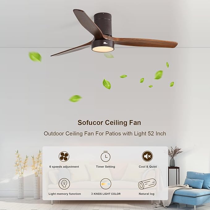 Sofucor 52 Inch Ceiling Fans with Lights, Indoor/Outdoor Ceiling Fan with Light and Remote, Quiet DC Reversible, Dimmable, Flush Mount, 3 Blade Solid Wood Ceiling Fans or Patio Bedroom Farmhouse