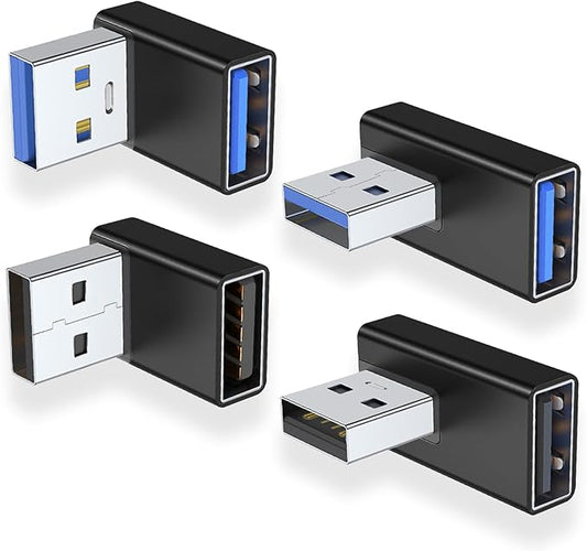 AreMe 90 Degree USB 3.0 Adapter 4 Pack, Up and Down Angle, Left and Right Angle USB A Male to Female Converter Extender for PC, Laptop, Type A Charger, Power Bank and More (Black)